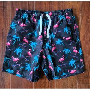 Boys 10 Flamingo on Skateboard Palm Tree Swim Trunks Black Pink Teal Mesh Lined